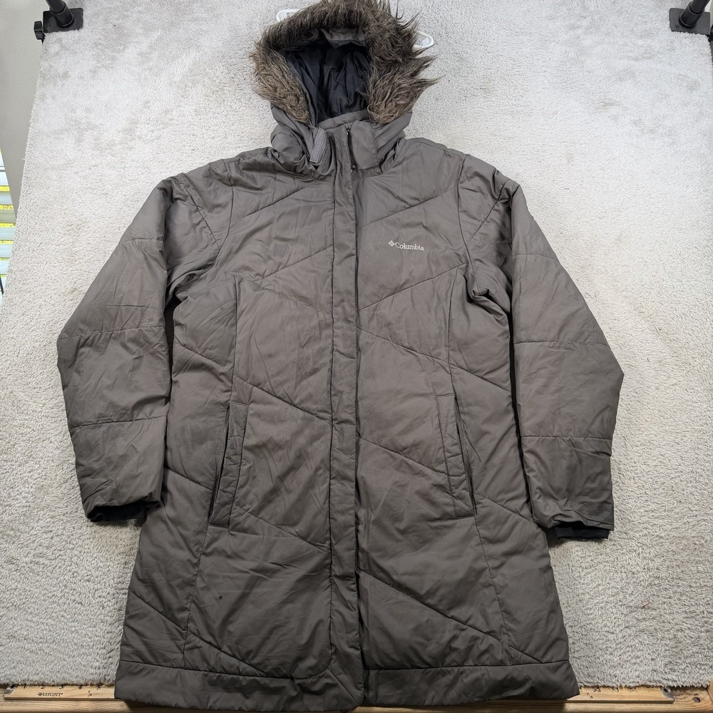 Columbia Parka Jacket Womens Large Brown Puffer Fur Hooded Insulated Outdoor